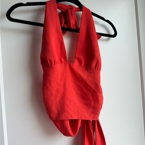 Zara Coral Red Halter Tie Top